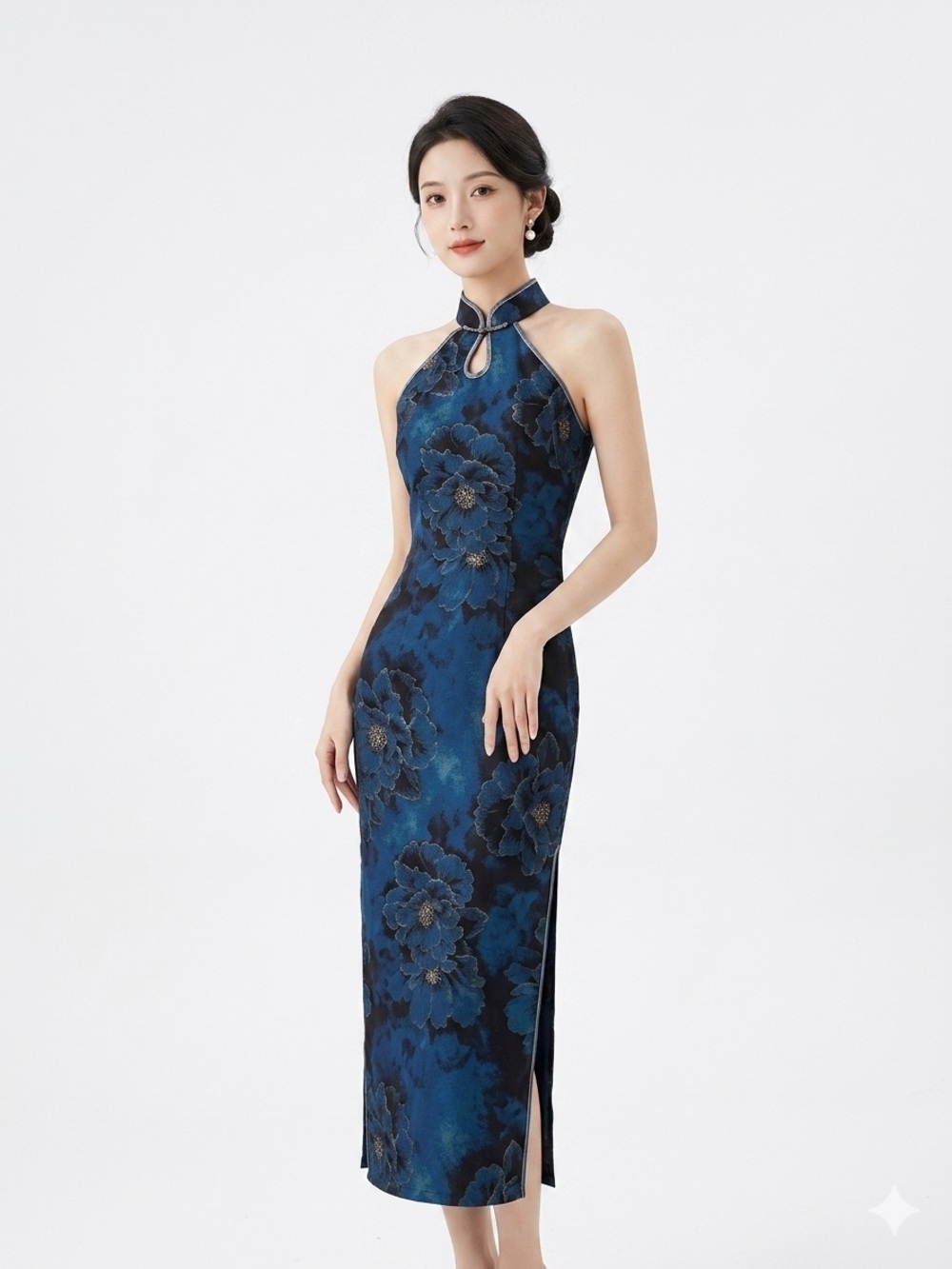 Chinese Qipao Cheongsam Dress S Blue Floral Slit Dress Cosplay Formal